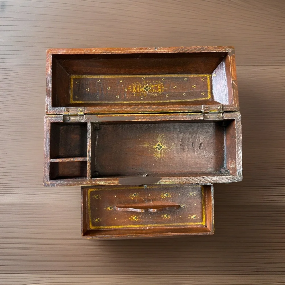Vintage Wooden Box‎ Ornate Hand Painted Indian Design Jewelry Trinket Storage